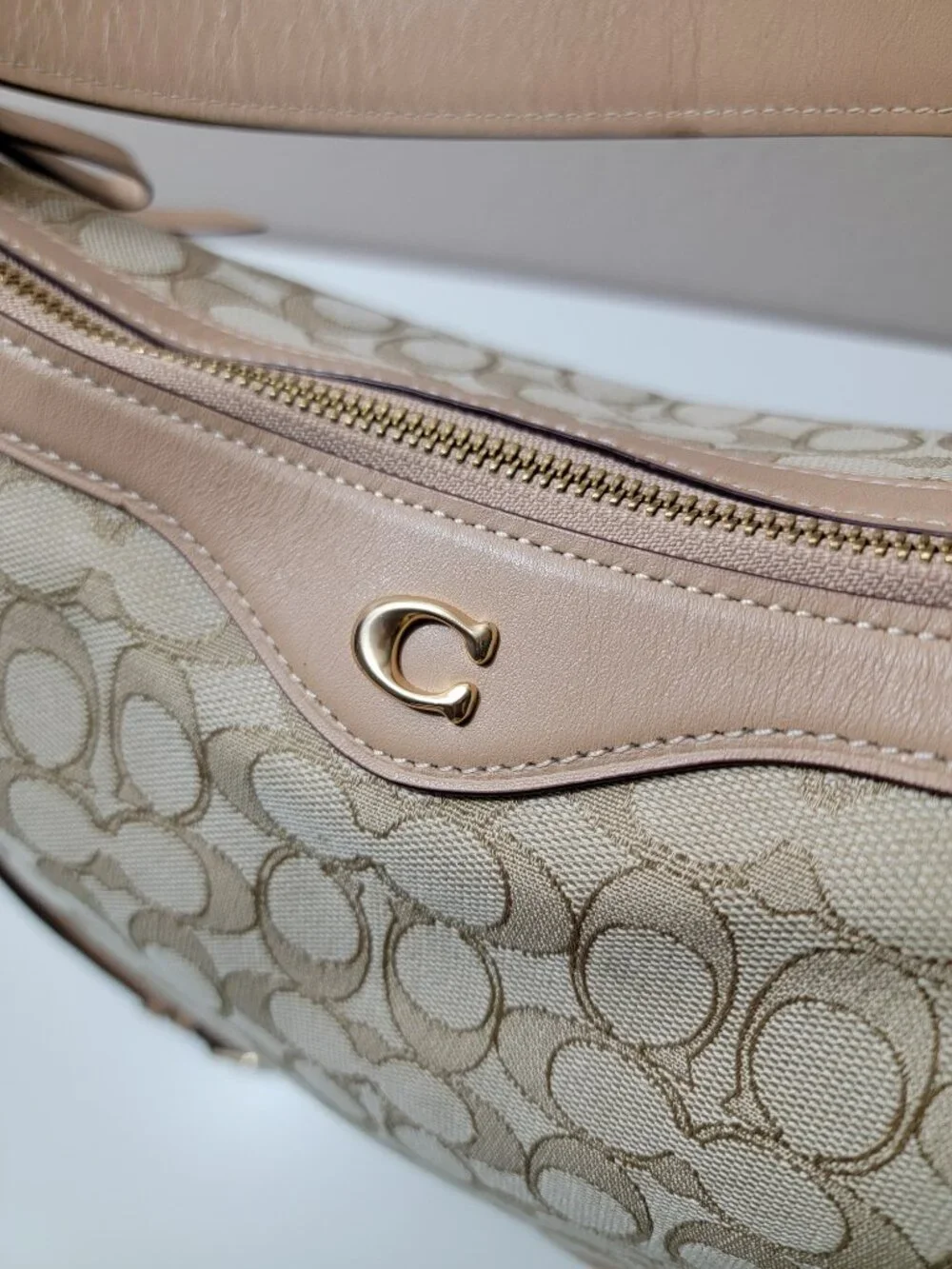 Coach Ivie Hobo Signature Jacquard Bag Light Khaki Beechwood Leather F34824